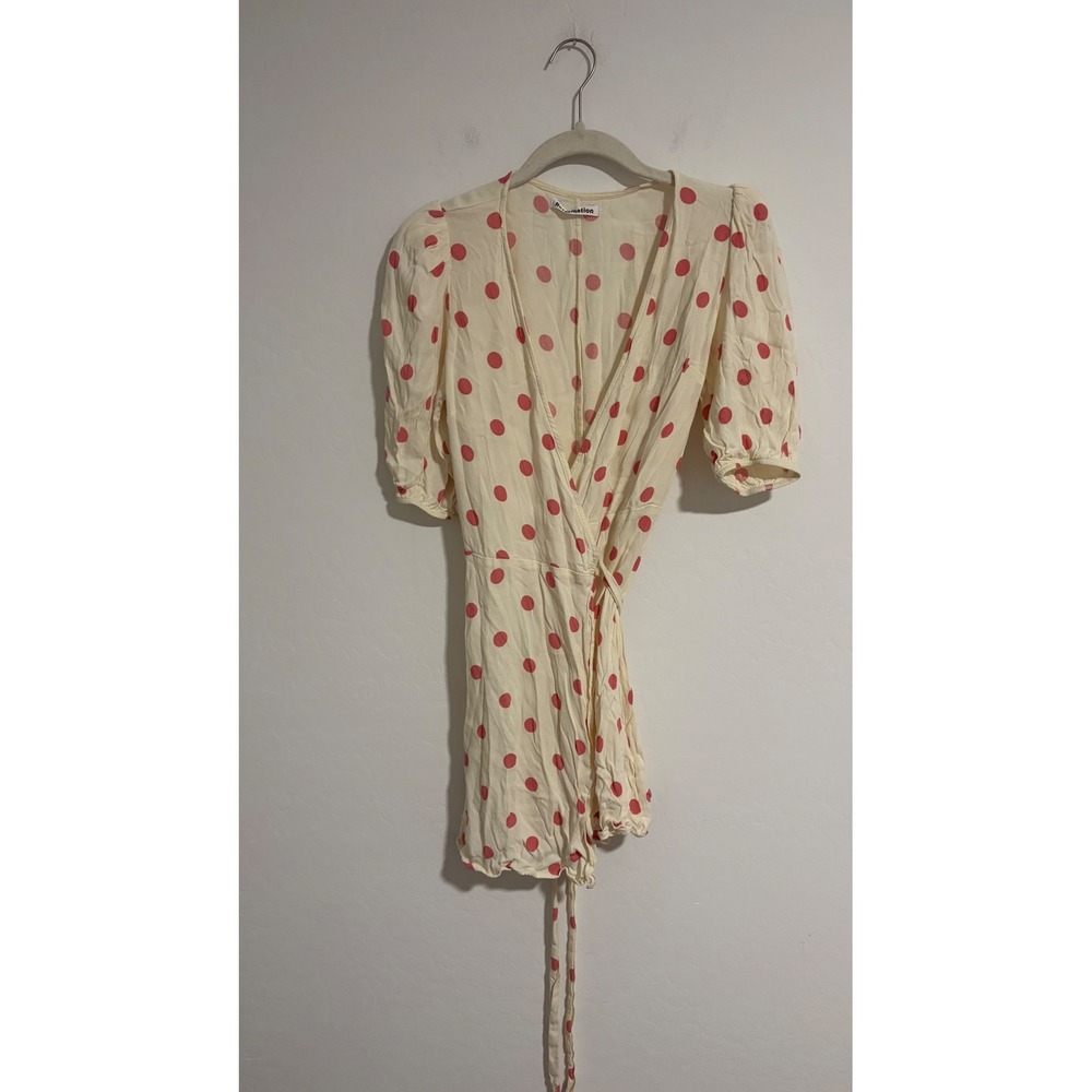 Reformation Olince Polka Dot Crepe Mini Wrap Dress Cream Pink Puff Sleeve Small - Picture 7 of 7